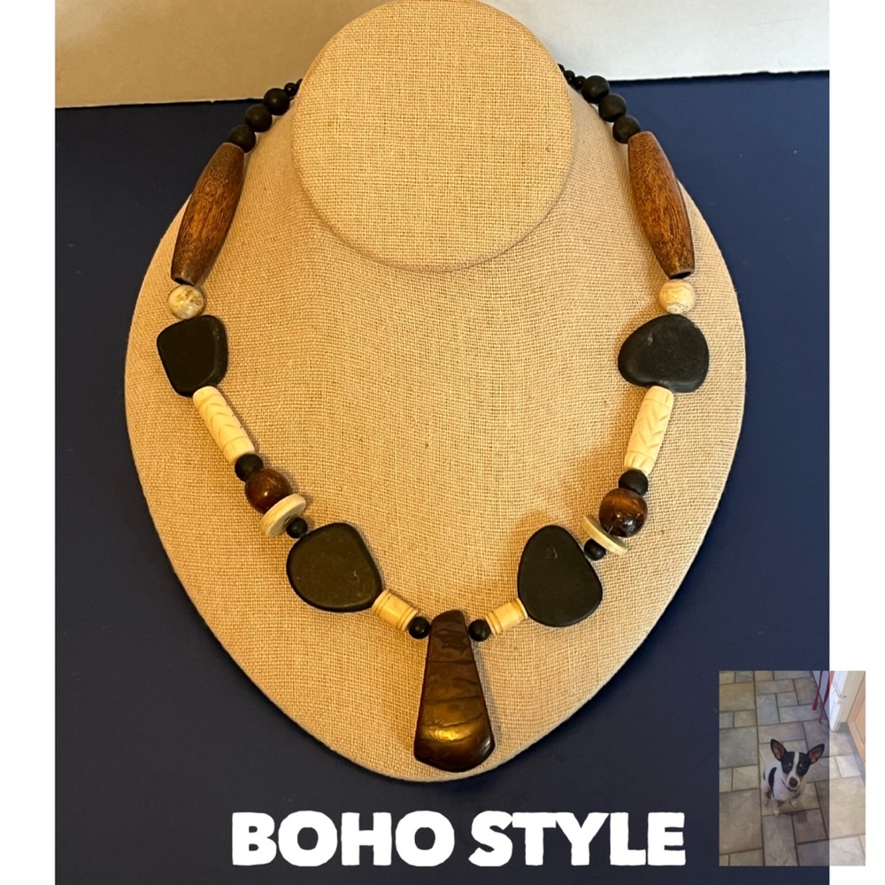 Boho Style Wood, Bone and Clay Bead Necklace